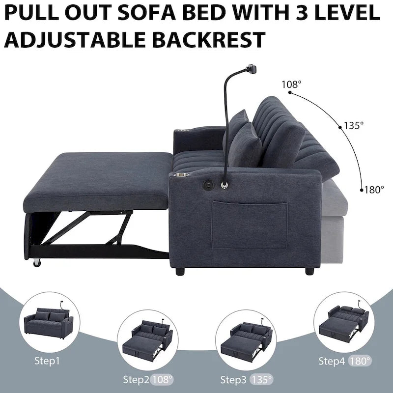 Canapé-lit convertible beige / gris-bleu / gris clair avec ports USB et porte-gobelets - 2 places/couchages