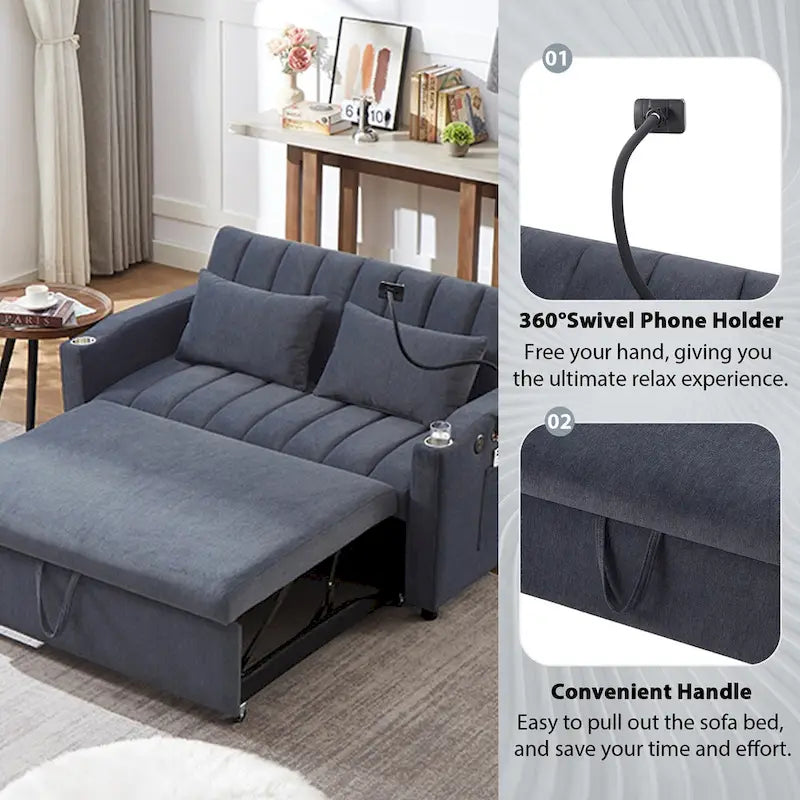 Canapé-lit convertible beige / gris-bleu / gris clair avec ports USB et porte-gobelets - 2 places/couchages