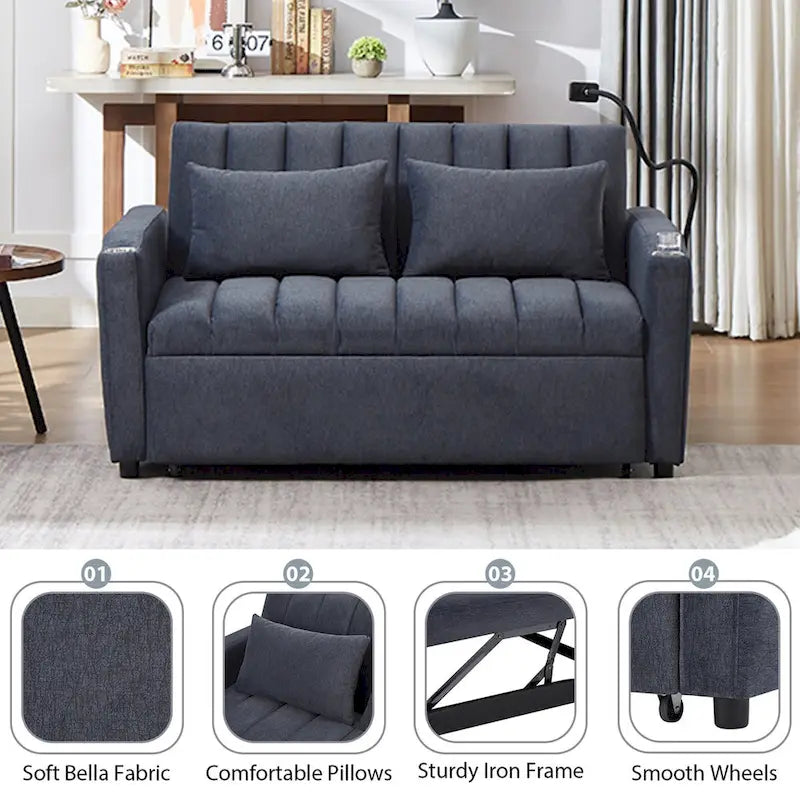 Canapé-lit convertible beige / gris-bleu / gris clair avec ports USB et porte-gobelets - 2 places/couchages