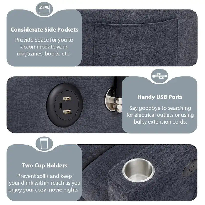 Canapé-lit convertible beige / gris-bleu / gris clair avec ports USB et porte-gobelets - 2 places/couchages