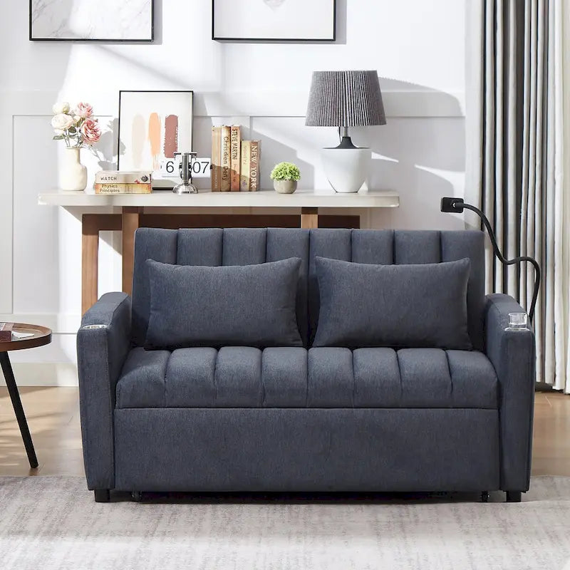 Canapé-lit convertible beige / gris-bleu / gris clair avec ports USB et porte-gobelets - 2 places/couchages