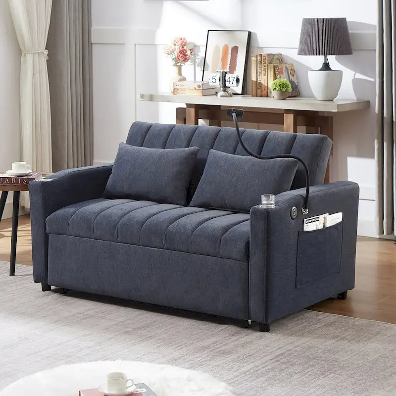 Canapé-lit convertible beige / gris-bleu / gris clair avec ports USB et porte-gobelets - 2 places/couchages