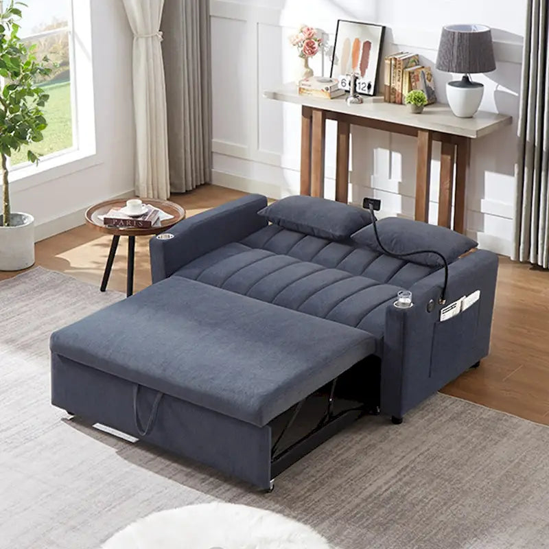 Canapé-lit convertible beige / gris-bleu / gris clair avec ports USB et porte-gobelets - 2 places/couchages