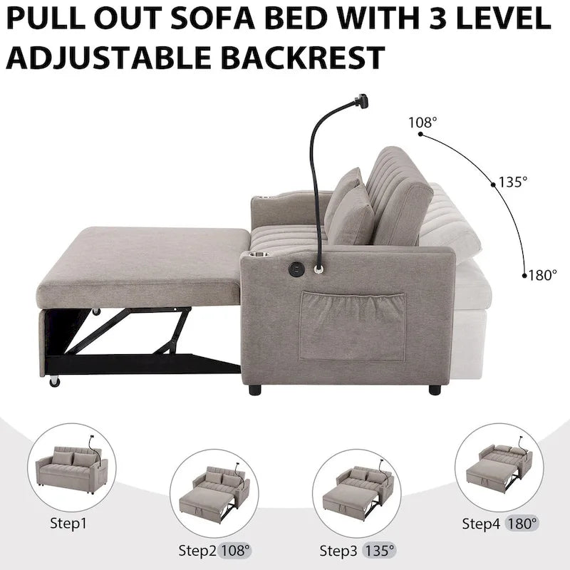 Canapé-lit convertible beige / gris-bleu / gris clair avec ports USB et porte-gobelets - 2 places/couchages