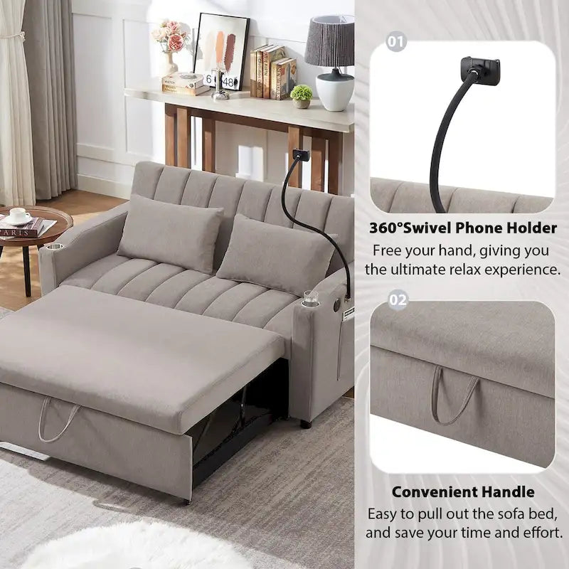 Canapé-lit convertible beige / gris-bleu / gris clair avec ports USB et porte-gobelets - 2 places/couchages