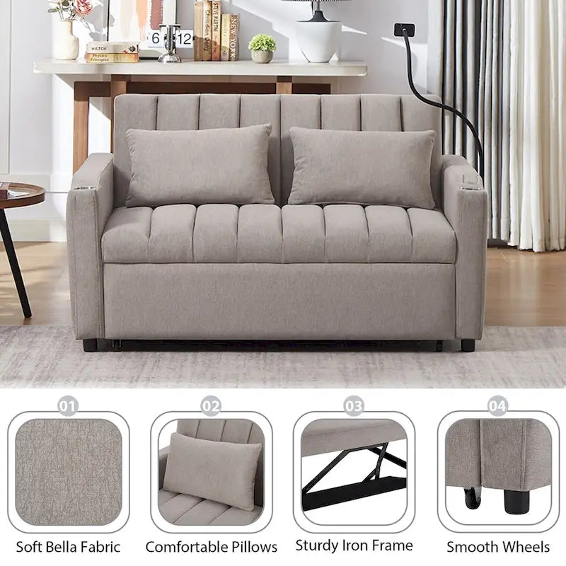 Canapé-lit convertible beige / gris-bleu / gris clair avec ports USB et porte-gobelets - 2 places/couchages