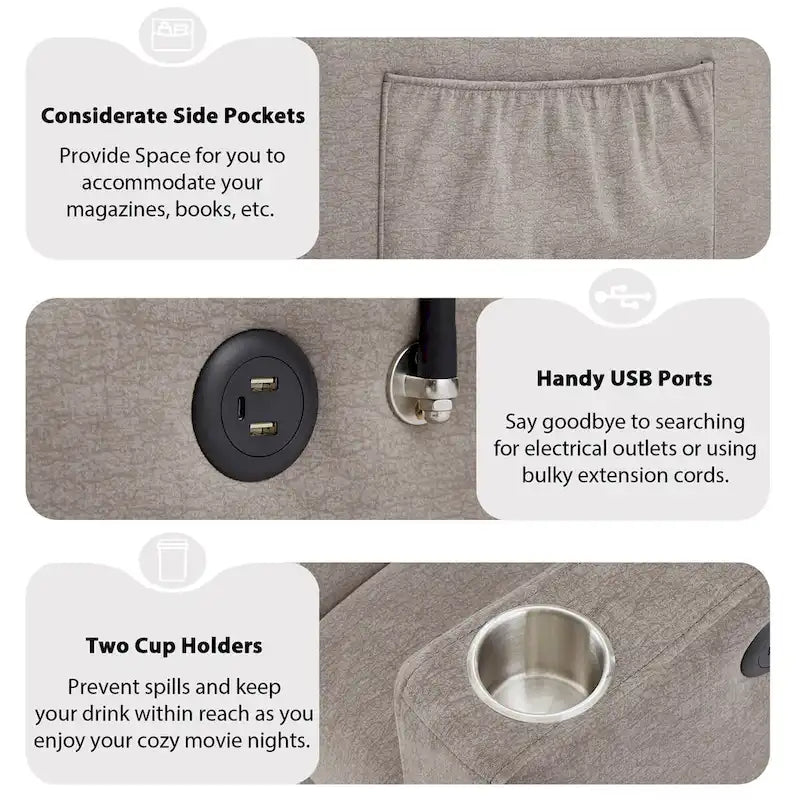 Canapé-lit convertible beige / gris-bleu / gris clair avec ports USB et porte-gobelets - 2 places/couchages