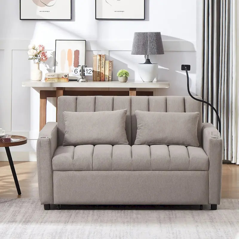 Canapé-lit convertible beige / gris-bleu / gris clair avec ports USB et porte-gobelets - 2 places/couchages
