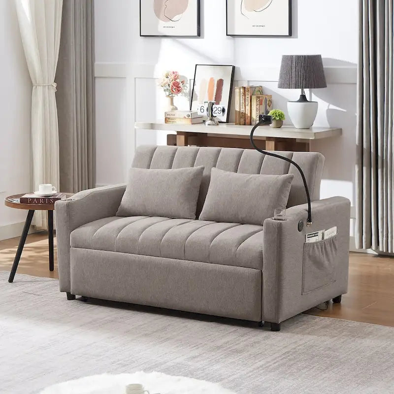 Canapé-lit convertible beige / gris-bleu / gris clair avec ports USB et porte-gobelets - 2 places/couchages
