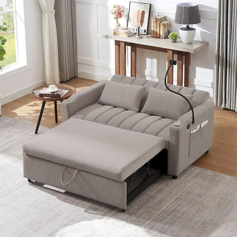 Canapé-lit convertible beige / gris-bleu / gris clair avec ports USB et porte-gobelets - 2 places/couchages