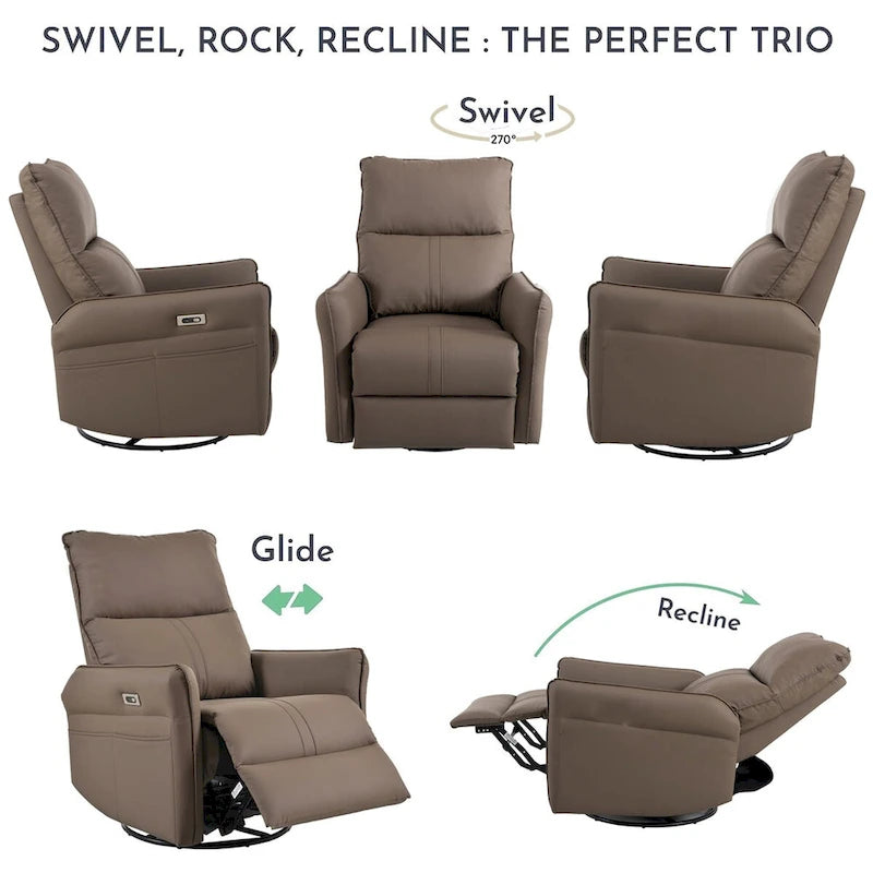 Fauteuil inclinable et pivotant électrique à 270° en similicuir marron/gris clair avec port USB - 1 place
