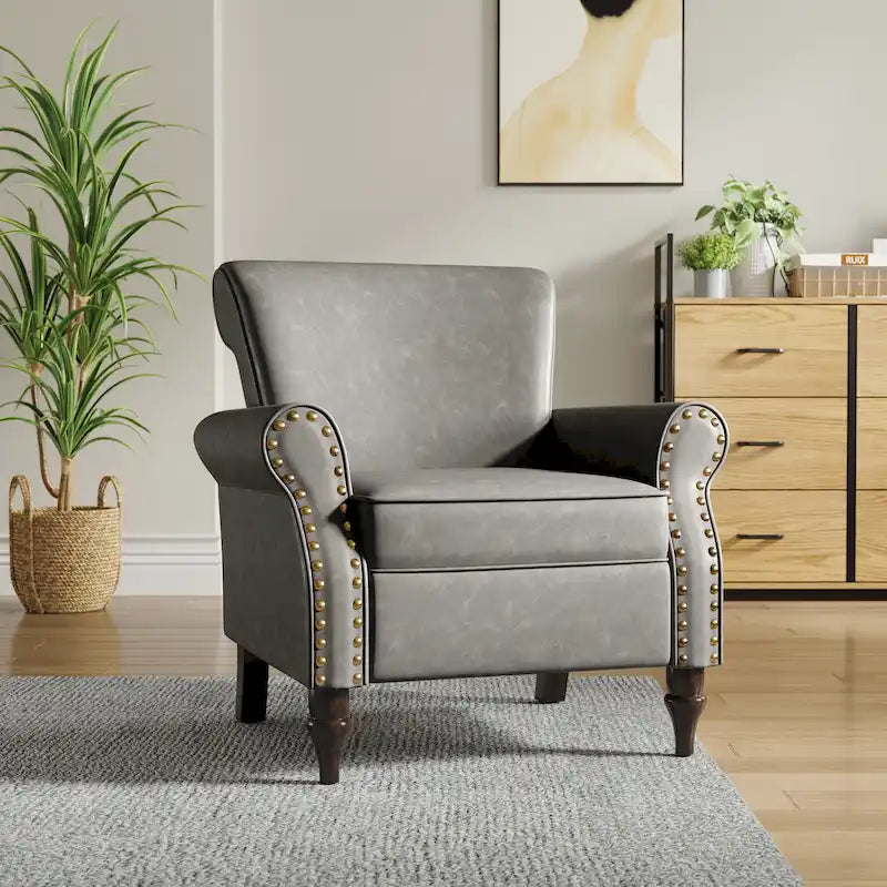 Fauteuil d'appoint en similicuir gris/noir/marron avec pieds en bois - 1 place