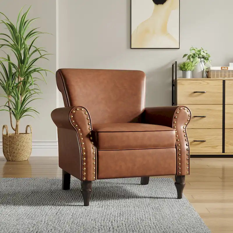 Fauteuil d'appoint en similicuir gris/noir/marron avec pieds en bois - 1 place