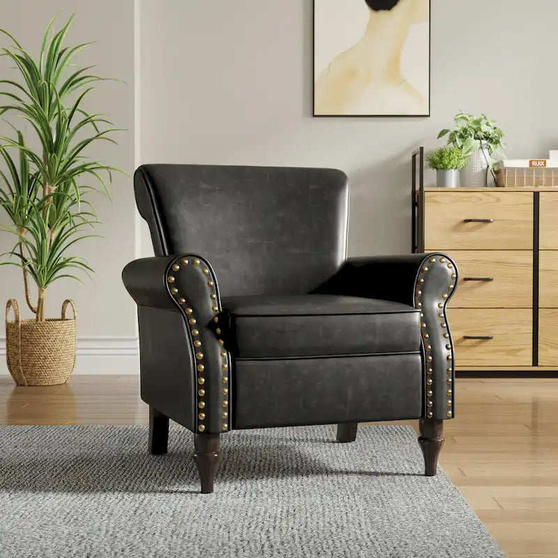 Fauteuil d'appoint en similicuir gris/noir/marron avec pieds en bois - 1 place