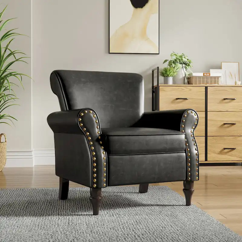 Fauteuil d'appoint en similicuir gris/noir/marron avec pieds en bois - 1 place