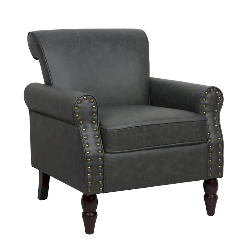 Fauteuil d'appoint en similicuir gris/noir/marron avec pieds en bois - 1 place