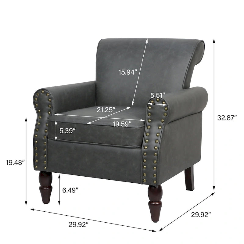 Fauteuil d'appoint en similicuir gris/noir/marron avec pieds en bois - 1 place