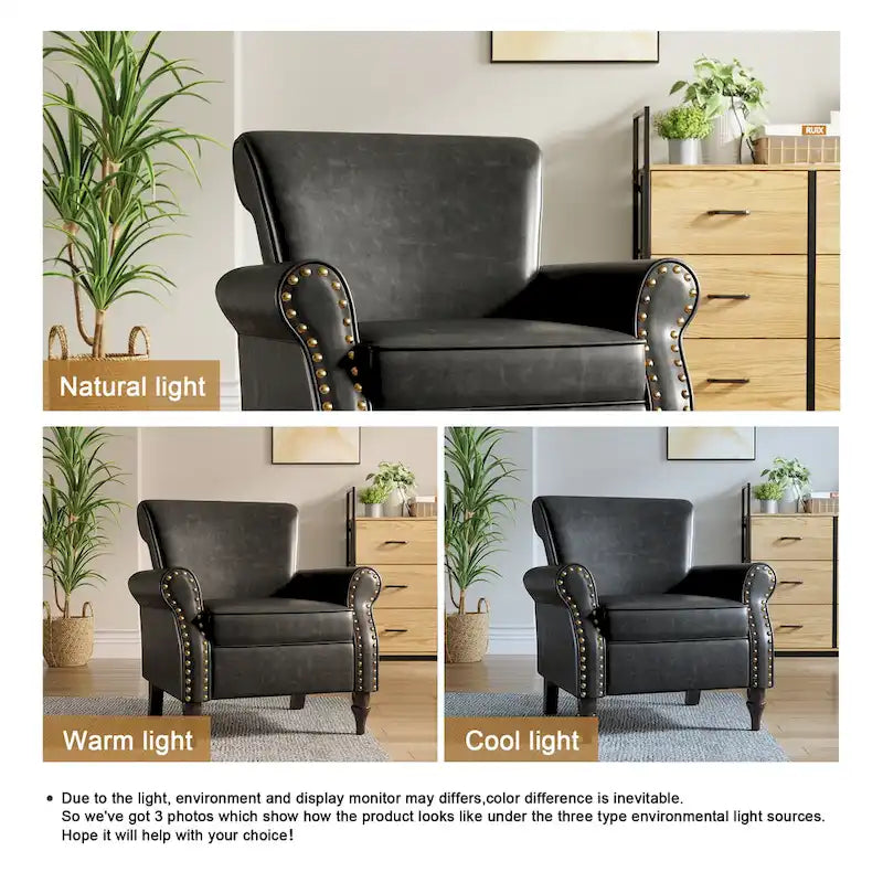 Fauteuil d'appoint en similicuir gris/noir/marron avec pieds en bois - 1 place