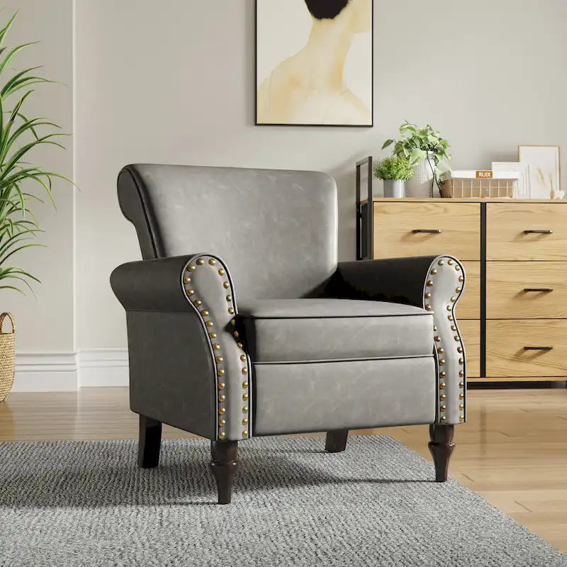 Fauteuil d'appoint en similicuir gris/noir/marron avec pieds en bois - 1 place