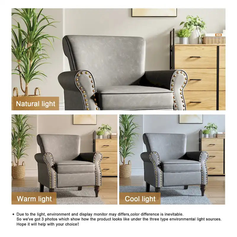 Fauteuil d'appoint en similicuir gris/noir/marron avec pieds en bois - 1 place