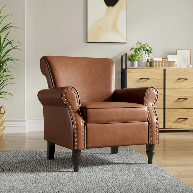 Fauteuil d'appoint en similicuir gris/noir/marron avec pieds en bois - 1 place