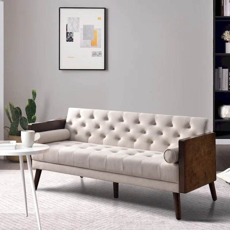 Canapé-lit futon convertible en chenille beige avec 2 traversins – 2 places/2 couchages