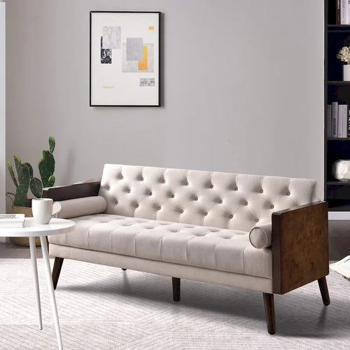Canapé-lit futon convertible en chenille beige avec 2 traversins – 2 places/2 couchages