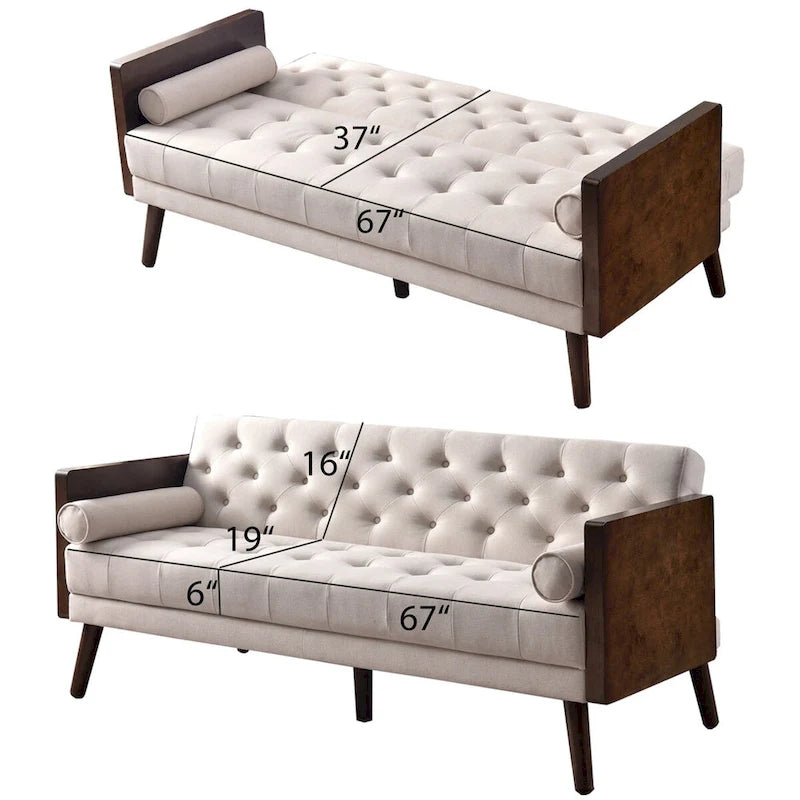Canapé-lit futon convertible en chenille beige avec 2 traversins – 2 places/2 couchages