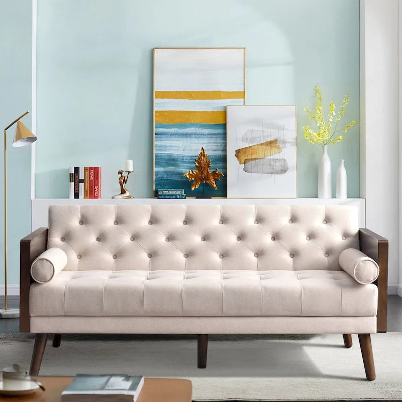 Canapé-lit futon convertible en chenille beige avec 2 traversins – 2 places/2 couchages