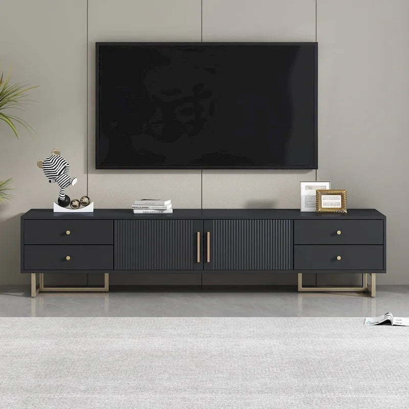 Meuble TV moderne noir/blanc avec portes à rainures ondulées, 4 tiroirs et cadre en T – Convient aux téléviseurs de 65 po et plus.