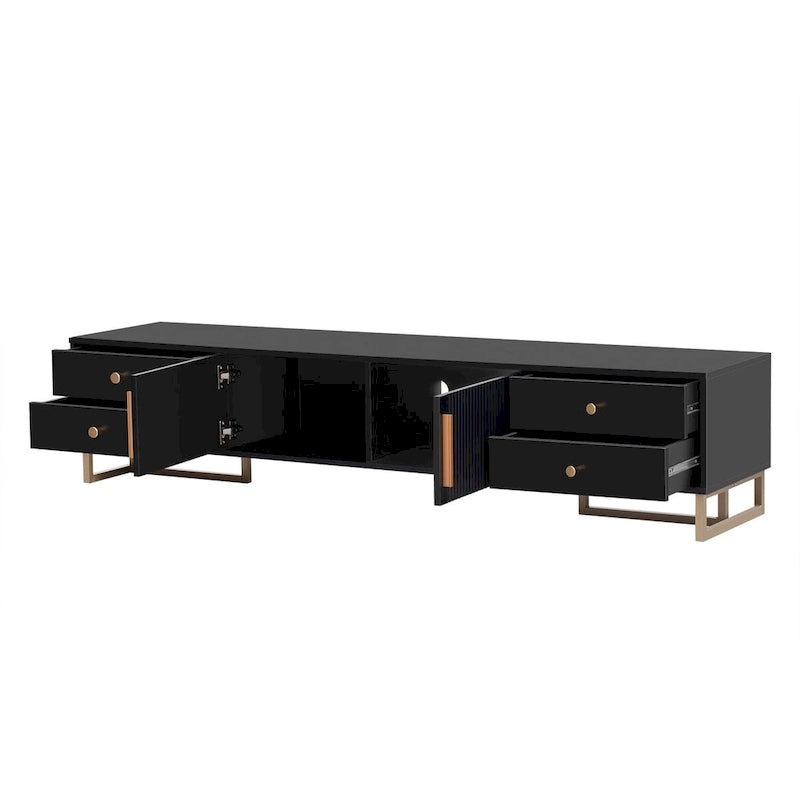 Meuble TV moderne noir/blanc avec portes à rainures ondulées, 4 tiroirs et cadre en T – Convient aux téléviseurs de 65 po et plus.