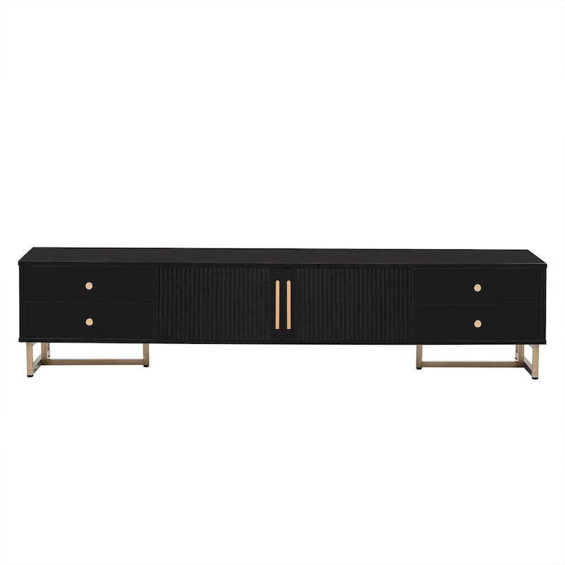 Meuble TV moderne noir/blanc avec portes à rainures ondulées, 4 tiroirs et cadre en T – Convient aux téléviseurs de 65 po et plus.
