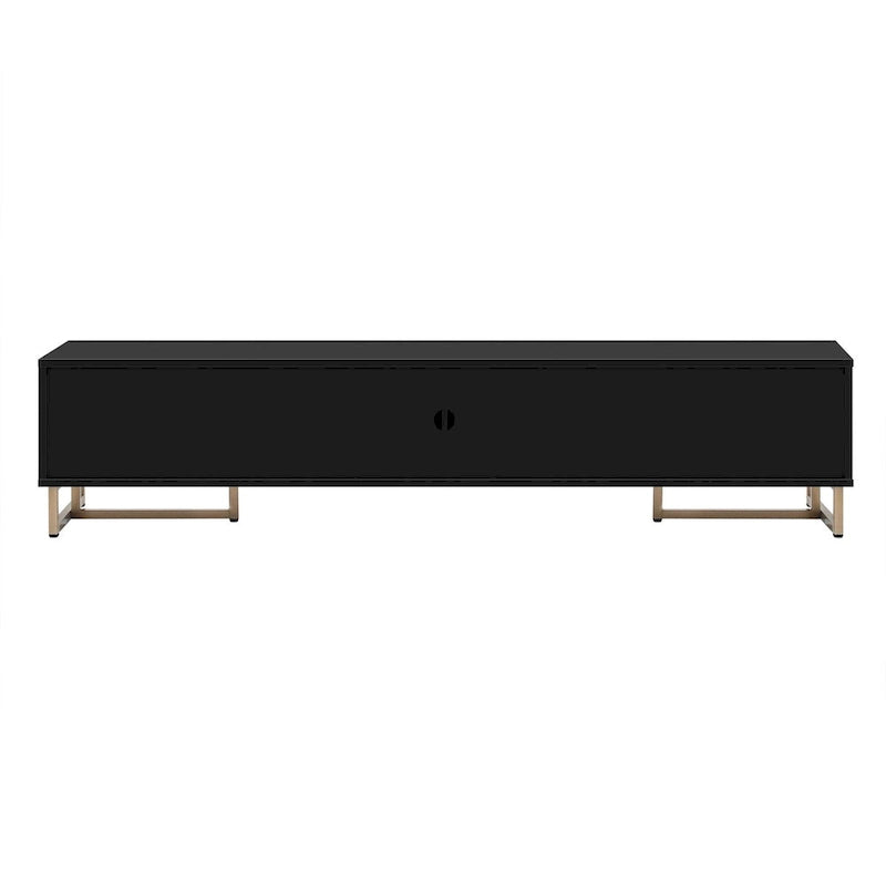Meuble TV moderne noir/blanc avec portes à rainures ondulées, 4 tiroirs et cadre en T – Convient aux téléviseurs de 65 po et plus.