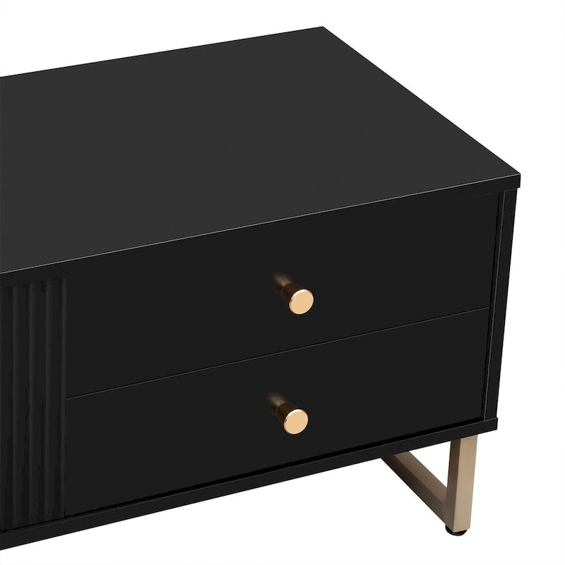 Meuble TV moderne noir/blanc avec portes à rainures ondulées, 4 tiroirs et cadre en T – Convient aux téléviseurs de 65 po et plus.