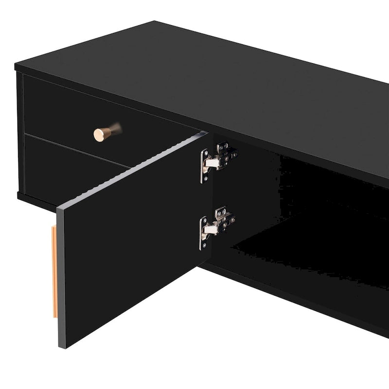 Meuble TV moderne noir/blanc avec portes à rainures ondulées, 4 tiroirs et cadre en T – Convient aux téléviseurs de 65 po et plus.