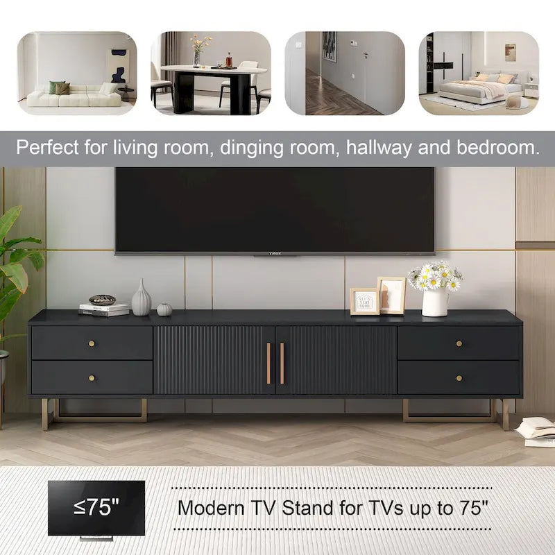 Meuble TV moderne noir/blanc avec portes à rainures ondulées, 4 tiroirs et cadre en T – Convient aux téléviseurs de 65 po et plus.