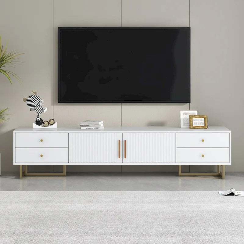 Meuble TV moderne noir/blanc avec portes à rainures ondulées, 4 tiroirs et cadre en T – Convient aux téléviseurs de 65 po et plus.