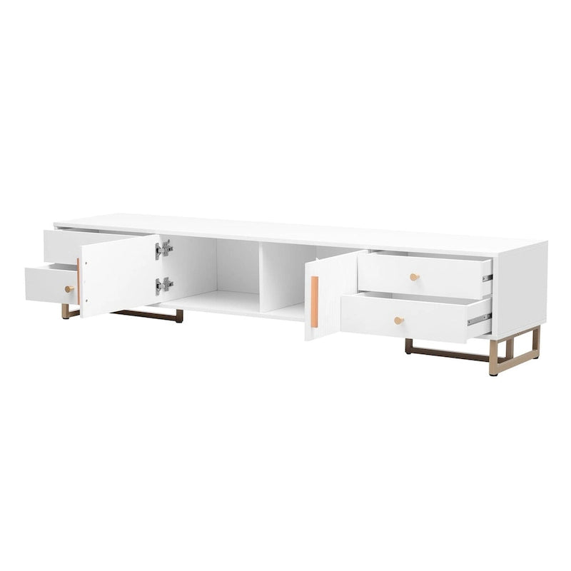 Meuble TV moderne noir/blanc avec portes à rainures ondulées, 4 tiroirs et cadre en T – Convient aux téléviseurs de 65 po et plus.