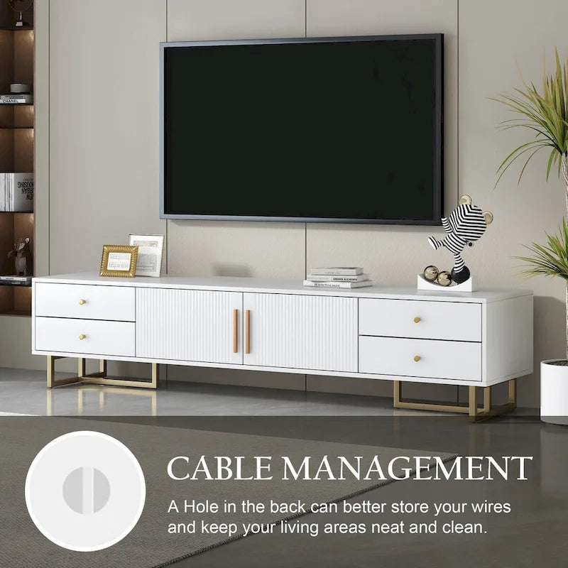 Meuble TV moderne noir/blanc avec portes à rainures ondulées, 4 tiroirs et cadre en T – Convient aux téléviseurs de 65 po et plus.
