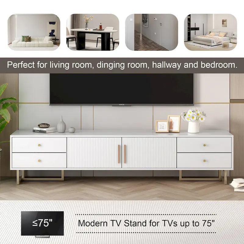 Meuble TV moderne noir/blanc avec portes à rainures ondulées, 4 tiroirs et cadre en T – Convient aux téléviseurs de 65 po et plus.