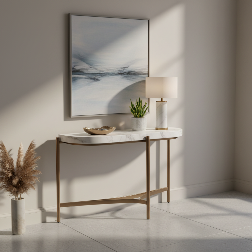 Console de canapé incurvée de 130 cm en bronze blanc et or avec plateau en béton et base trépied