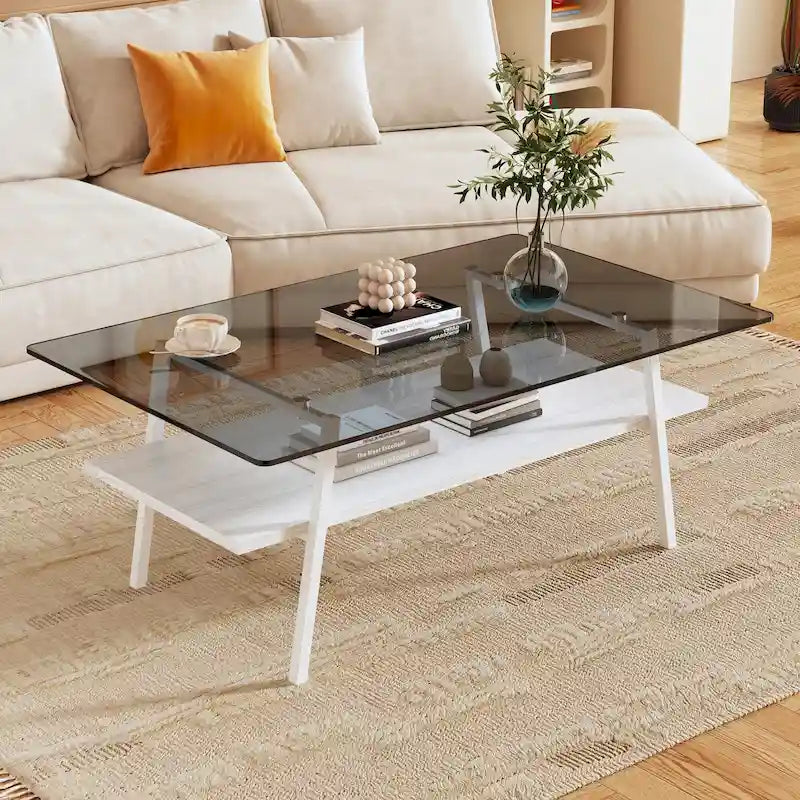 Table basse rectangulaire moderne multicolore avec plateau en verre trempé et pieds en métal