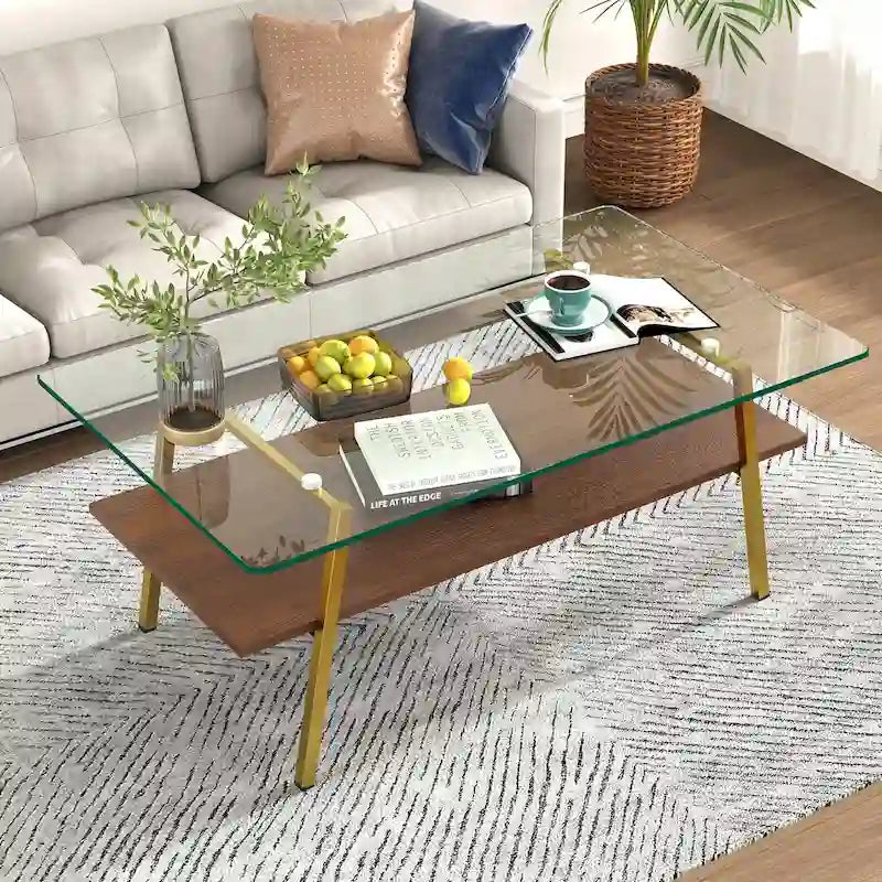 Table basse rectangulaire moderne multicolore avec plateau en verre trempé et pieds en métal