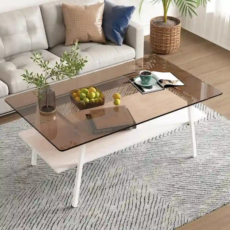 Table basse rectangulaire moderne multicolore avec plateau en verre trempé et pieds en métal