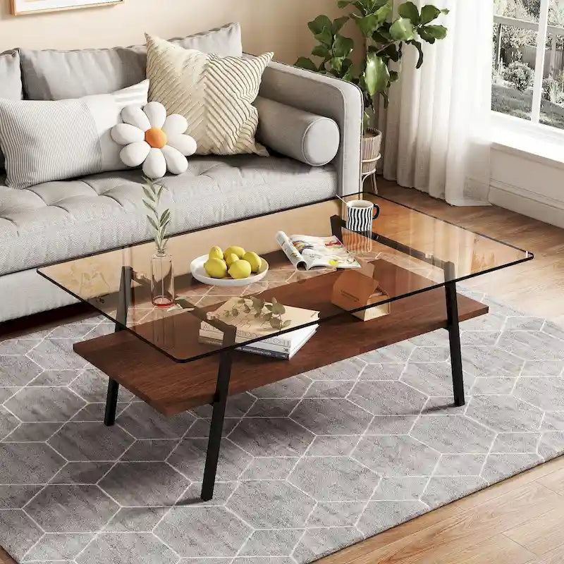 Table basse rectangulaire moderne multicolore avec plateau en verre trempé et pieds en métal