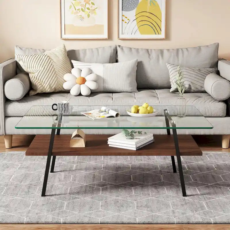Table basse rectangulaire moderne multicolore avec plateau en verre trempé et pieds en métal