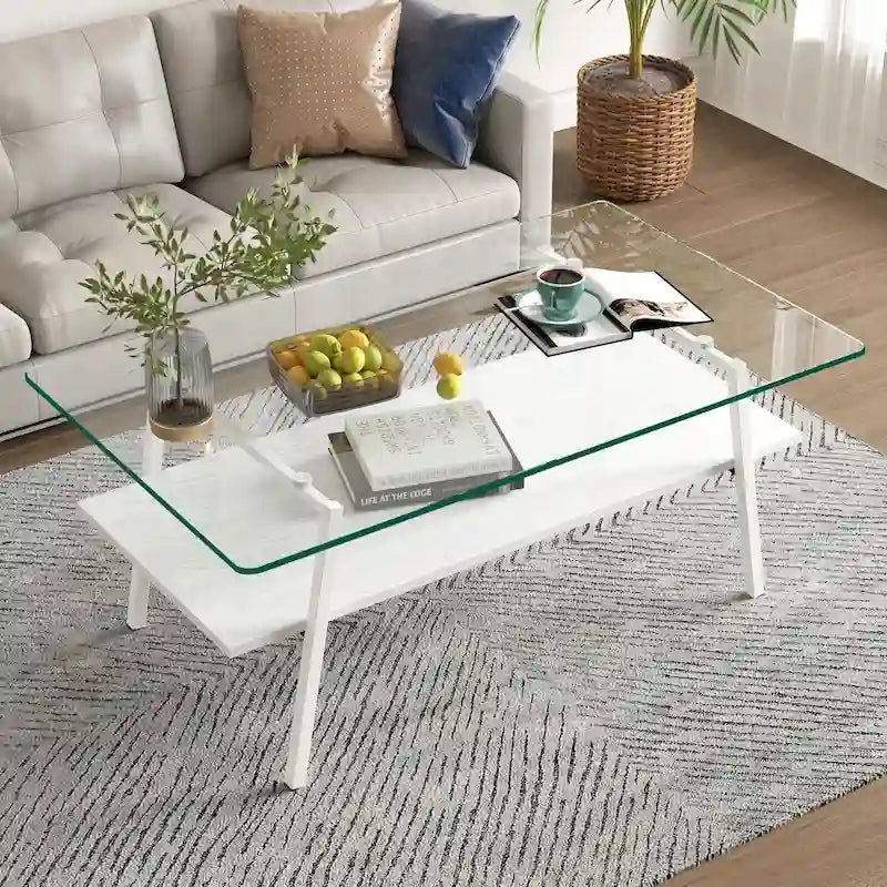 Table basse rectangulaire moderne multicolore avec plateau en verre trempé et pieds en métal