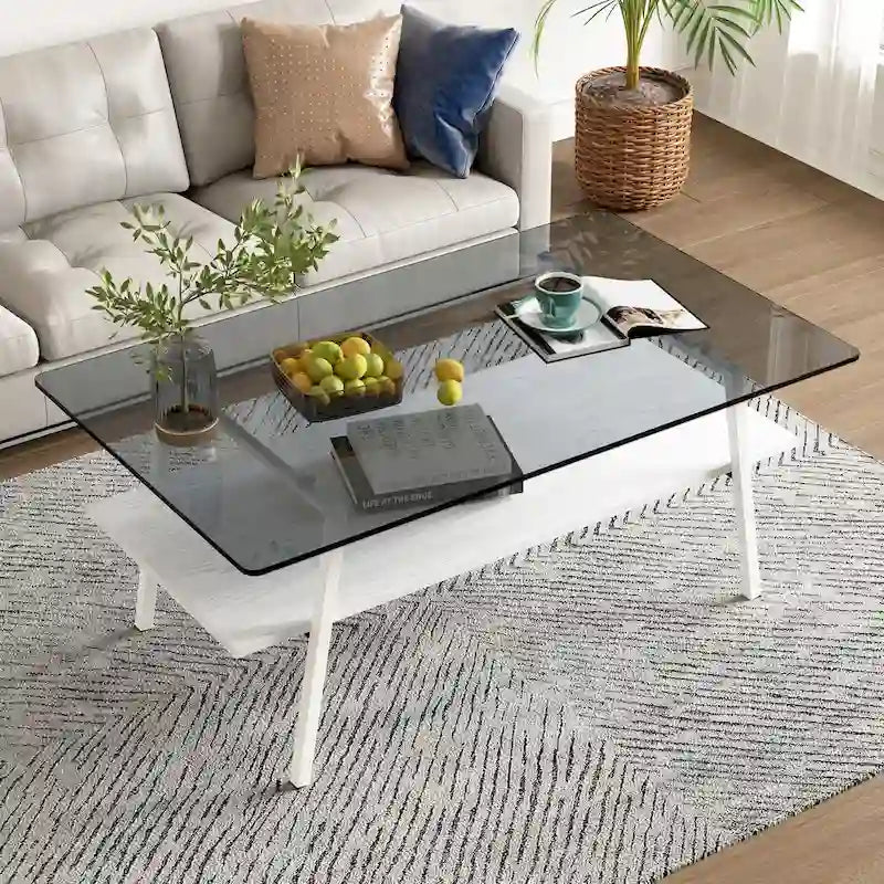 Table basse rectangulaire moderne multicolore avec plateau en verre trempé et pieds en métal