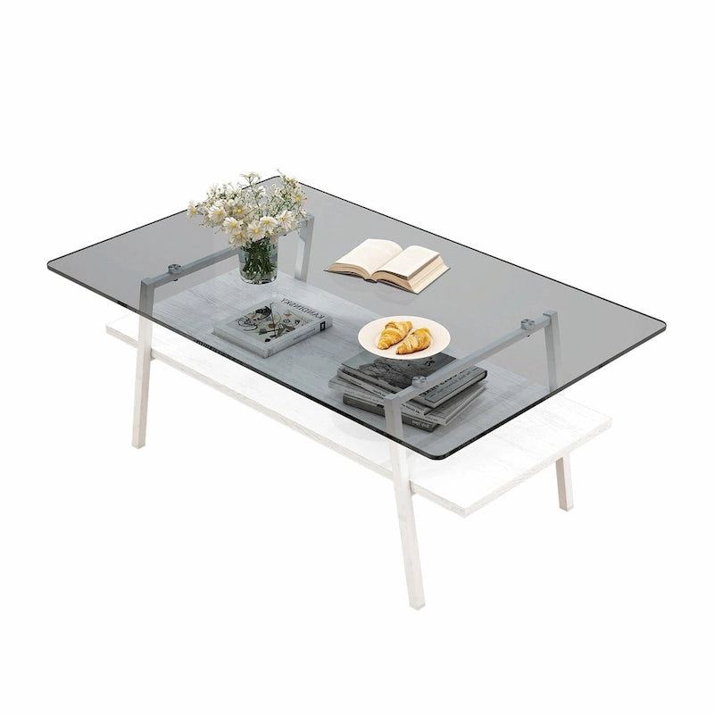 Table basse rectangulaire moderne multicolore avec plateau en verre trempé et pieds en métal