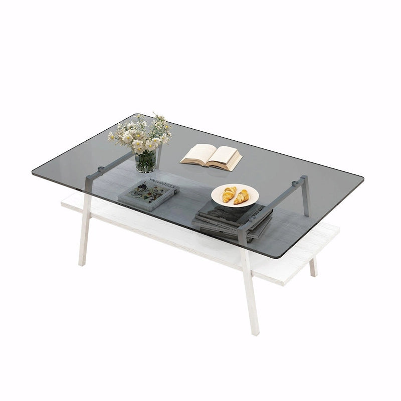 Table basse rectangulaire moderne multicolore avec plateau en verre trempé et pieds en métal